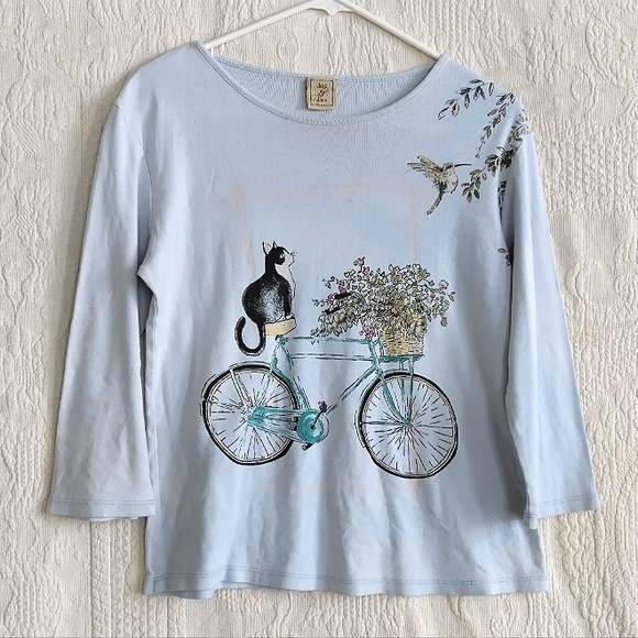 Jade & Jane Cat on Bike Top Whimsical Cottagecore Cat Lover Light Blue - Picture 1 of 8